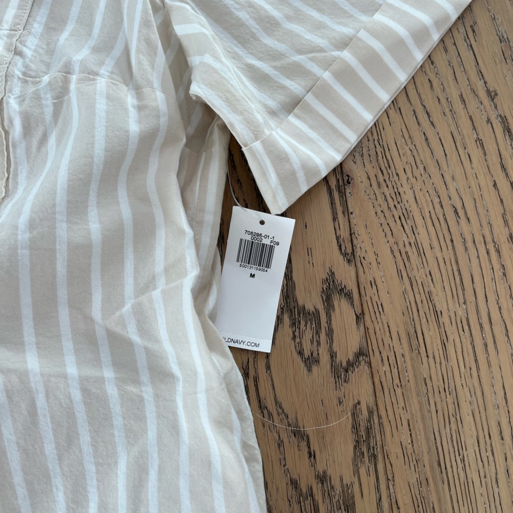 Old Navy Striped Mini Shirt Dress Medium Neutral Stripe 100% cotton Tan Sleeve - Picture 3 of 5